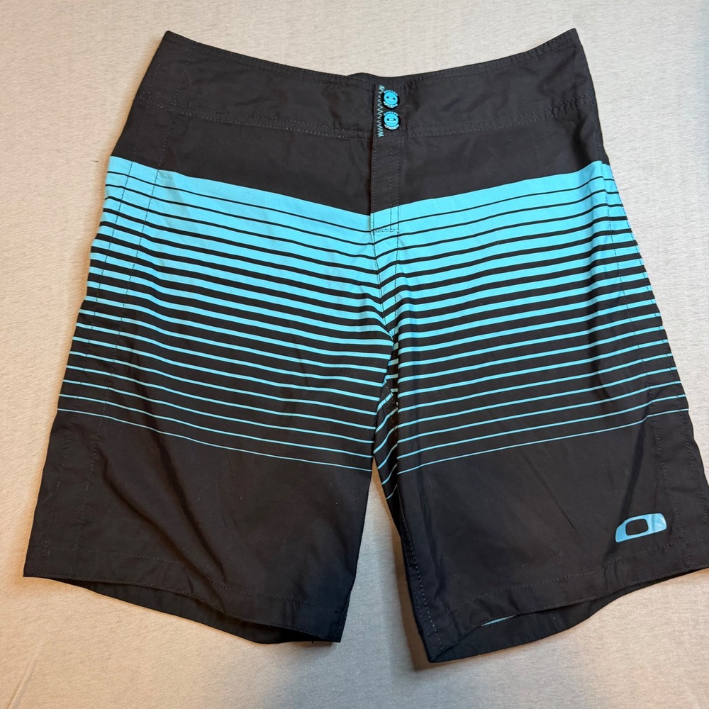 Oakley Mens Board Shorts Size 30 Black Turquoise Striped Swim Trunks Surfwear